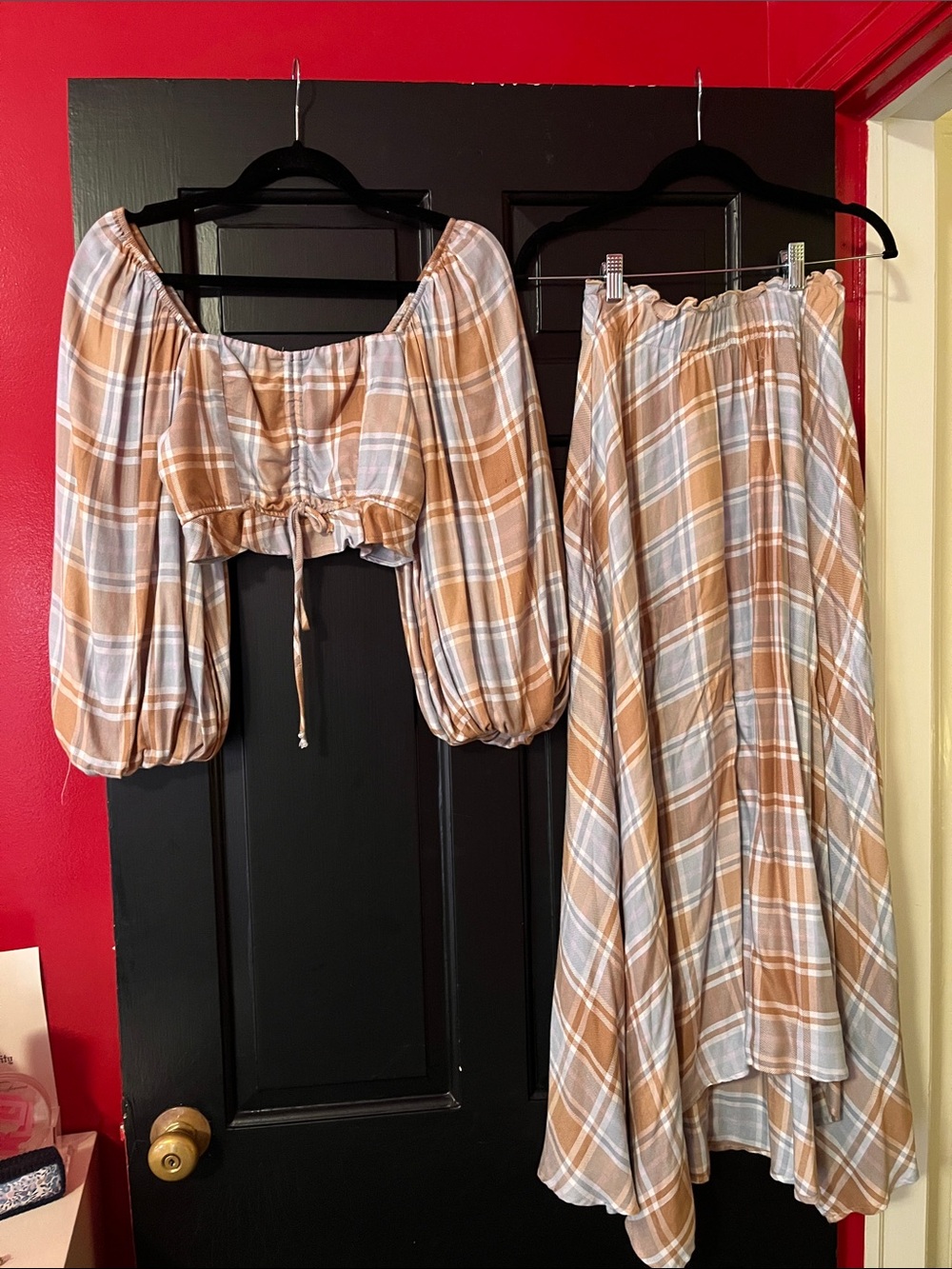 Show Me Your MuMu Plaid Two-Piece Skirt Set in Tan and Light Blue